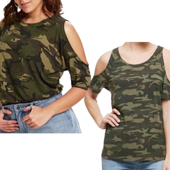 Camo Cold Shoulder Short Sleeve Shirt by Sanctuary Sz M - Picture 1 of 8